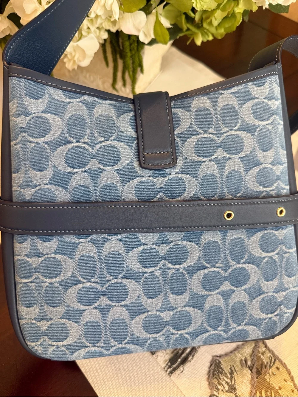 Coach Denim Signature Shoulder Bag with Navy Trim and Gold Hardware